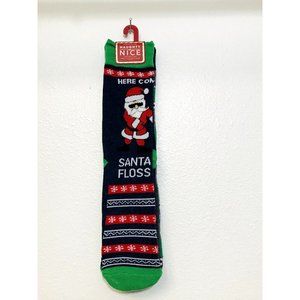 Here Comes SANTA FLOSS & Christmas Trees Men's Crew Socks Size 6-12.5